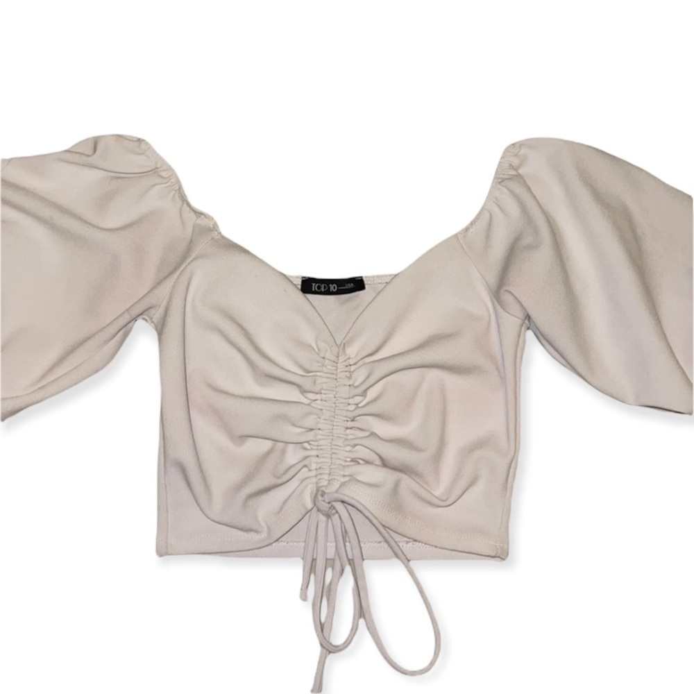 Top 10 White ribbed cropped  tank top with puff sleeve